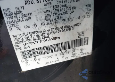 2013 Ford Explorer Xlt from USA, damaged, VIN 1FM5K7D80DGA30309